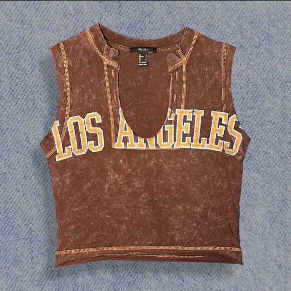 Forever 21 Women’s Brown Acid Wash Los Angeles Graphic Cropped Tank Top - Sz: S - Picture 1 of 4